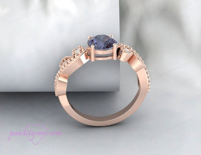 Round-Cut Alexandrite Ring with Leaf Motif for Women