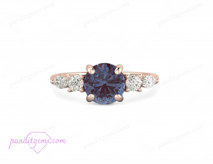 Round Alexandrite Engagement Ring in 925 Sterling Silver with Marquise Diamonds.