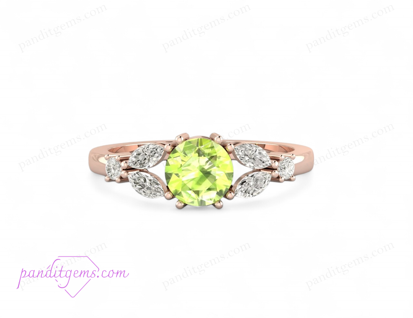 A silver ring featuring a round peridot and marquis diamonds arranged in a leafy design.