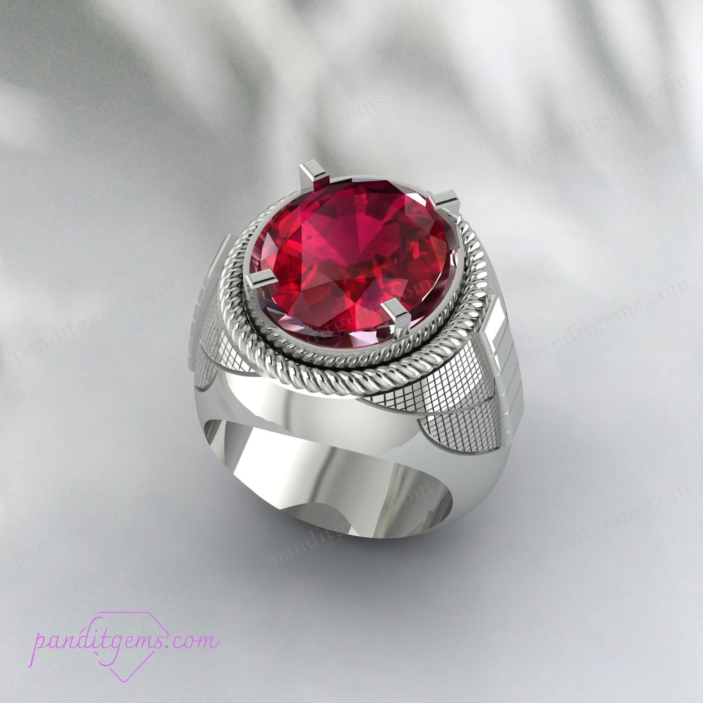 A luxurious ruby gemstone ring crafted for men in sterling silver.