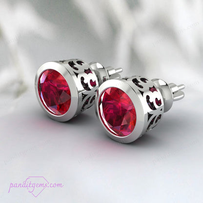 Ruby earrings with a double bezel setting, available in sterling silver.