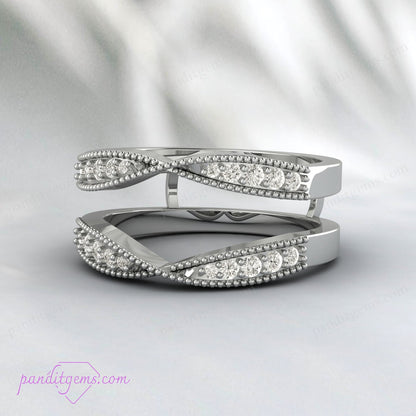 This image displays a 1.50-carat round cut diamond enhancer wrap ring, designed for weddings and engagements. The ring is crafted from 925 sterling silver and features a double curved band, adorned with a floral pattern and personalized engravings. The ring guard design is intended to enhance the look of an engagement or wedding ring, making it an ideal anniversary or promise ring for women. The image showcases the ring's intricate details, including the sparkling diamonds and elegant silver finish.