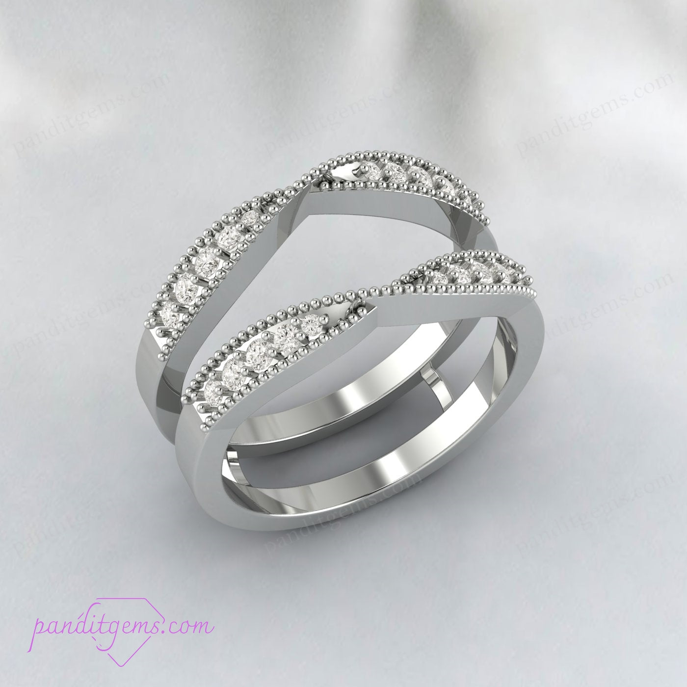 the ring's features, such as being crafted from 925 sterling silver, designed as an enhancer guard for wedding and engagement rings, featuring a round cut diamond, and suitable for women as an anniversary or promise ring. The descriptions emphasize the ring's elegance, craftsmanship, and versatility in various settings, including floral personalized designs and classic wedding enhancer styles.