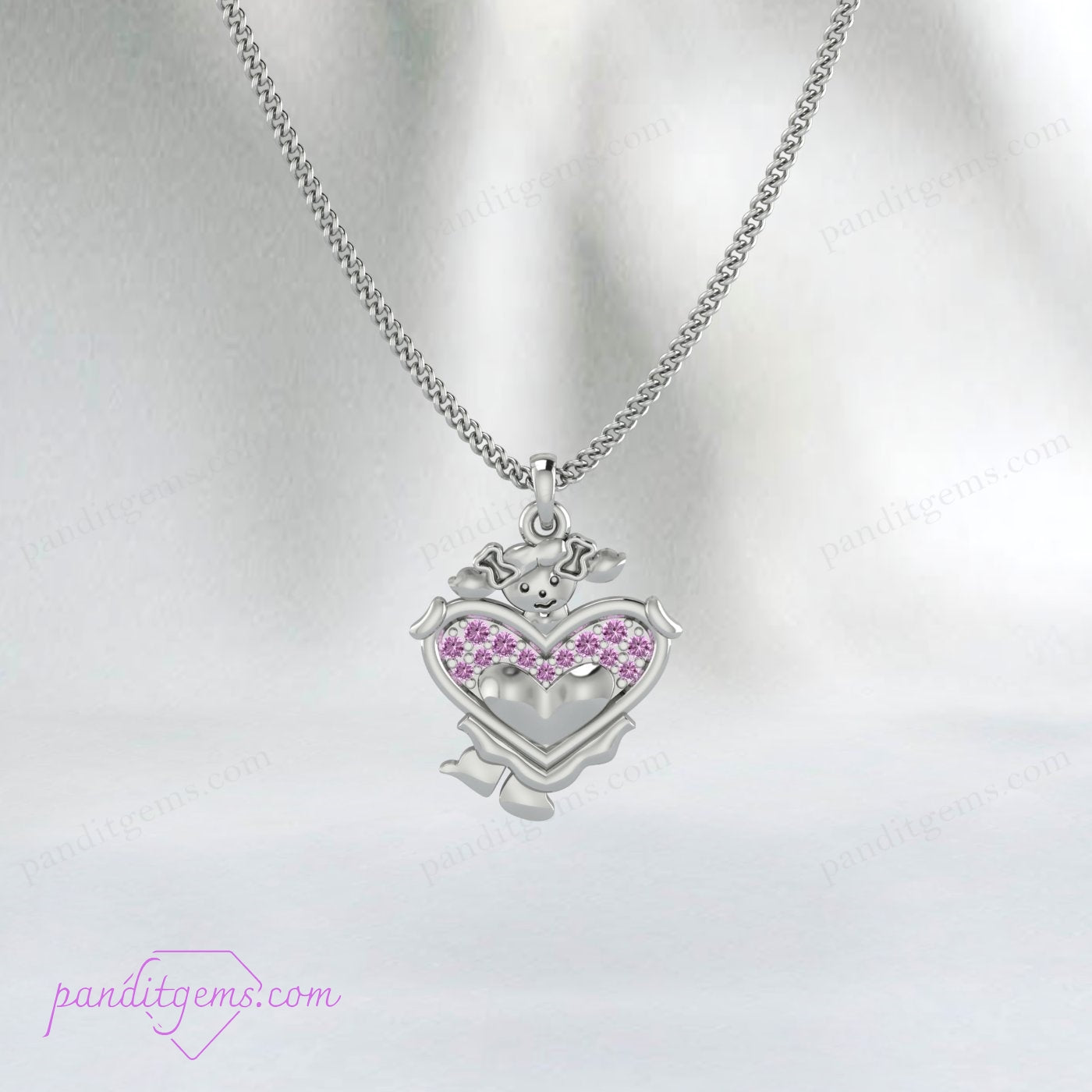 Side view of the pink sapphire heart pendant showcasing its depth and sparkle.