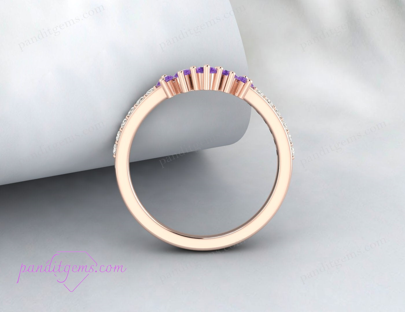 Side view of Purple Crystal Promise Band with Moissanite Pave