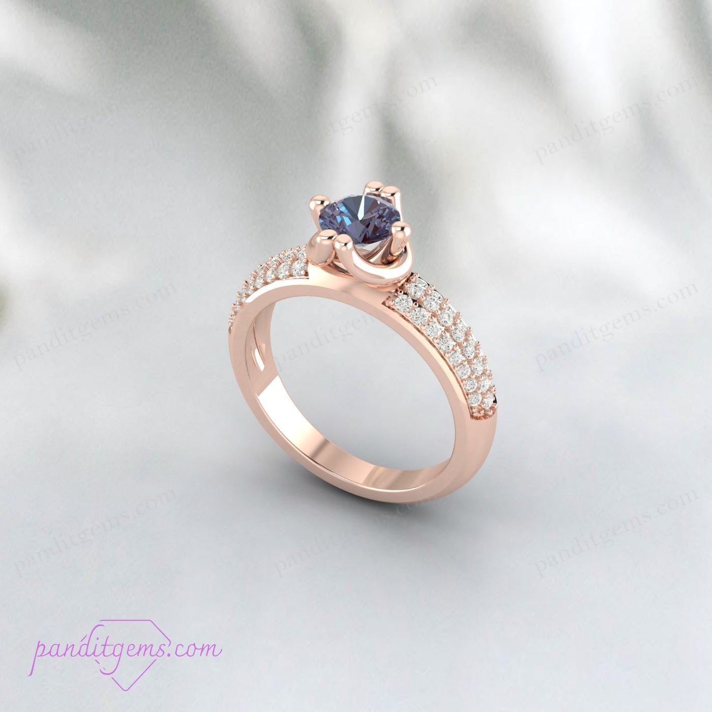 Side view of a sterling silver Alexandrite and Moissanite bridal ring.