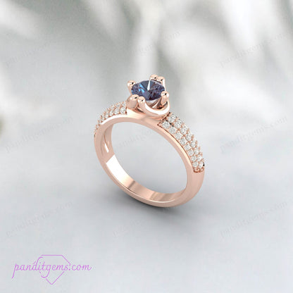 Side view of a sterling silver Alexandrite and Moissanite bridal ring.