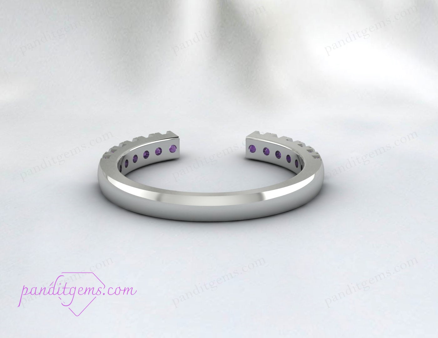 Side view of sterling silver open gap ring with round-cut amethyst gemstone.