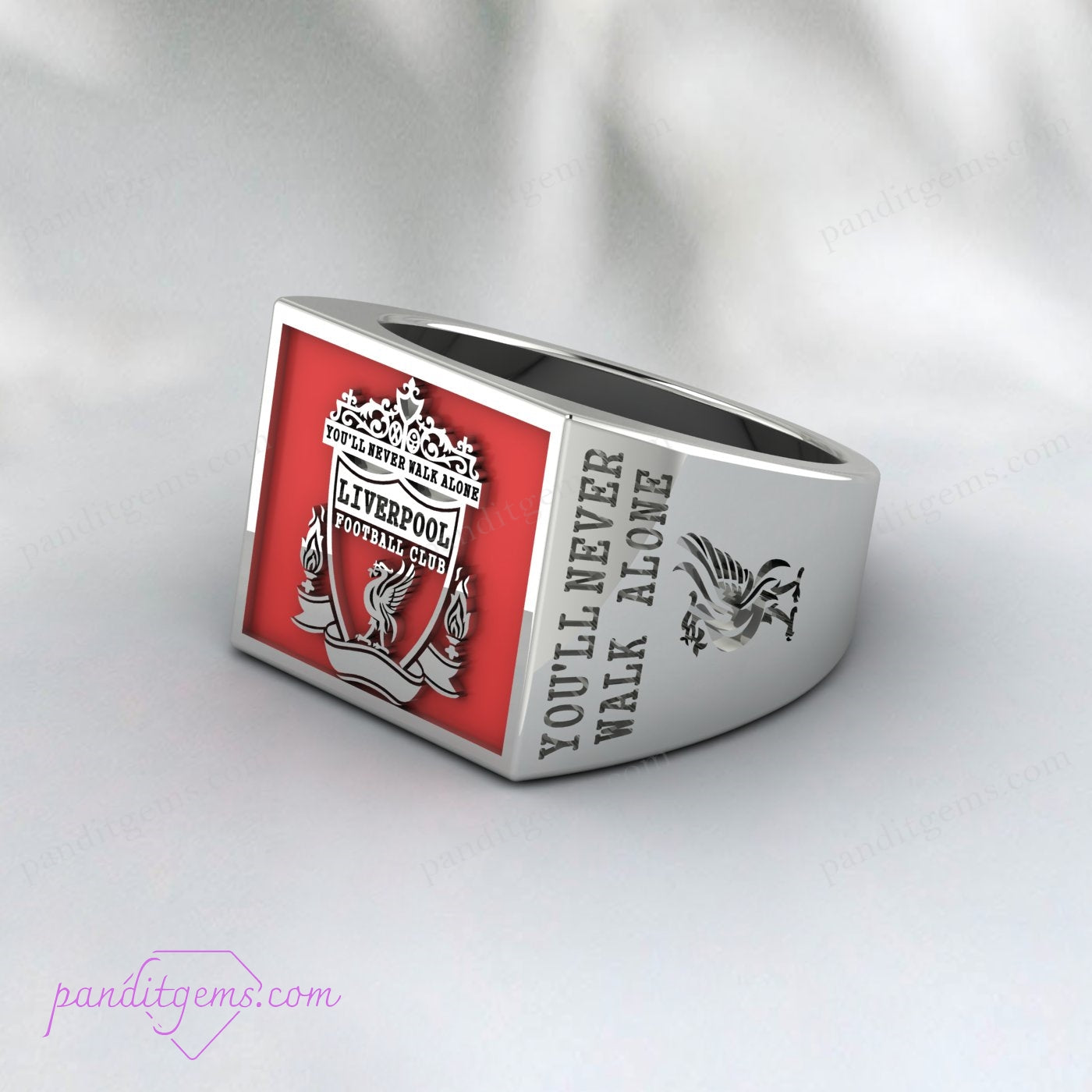 Side view of the polished sterling silver Liverpool FC ring with antique design.