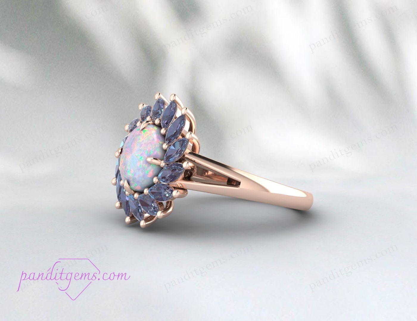 Stackable round-cut opal ring with alexandrite accents, set in 925 sterling silver and 14k gold-filled.