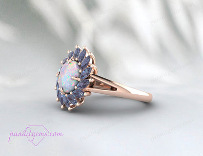 Stackable round-cut opal ring with alexandrite accents, set in 925 sterling silver and 14k gold-filled.