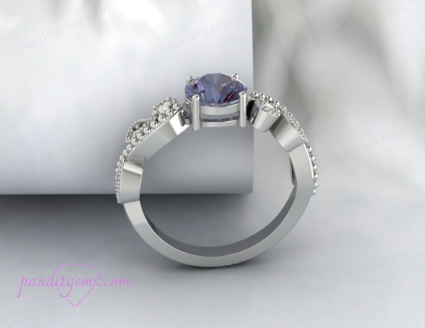 Sterling Silver Alexandrite Ring with Round CZ Diamonds