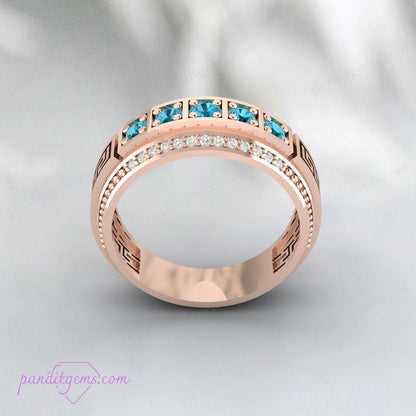 Sterling Silver Blue Topaz Ring with Antique Spiral Meander Design