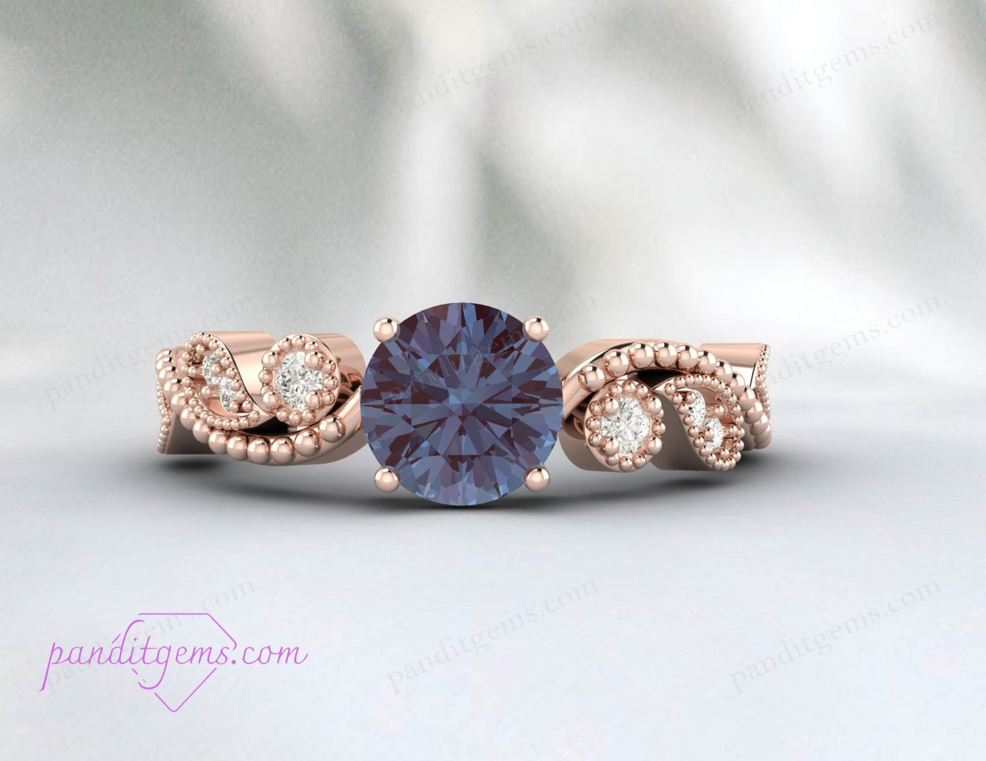 Sterling Silver Engagement Ring with Alexandrite and CZ Diamonds