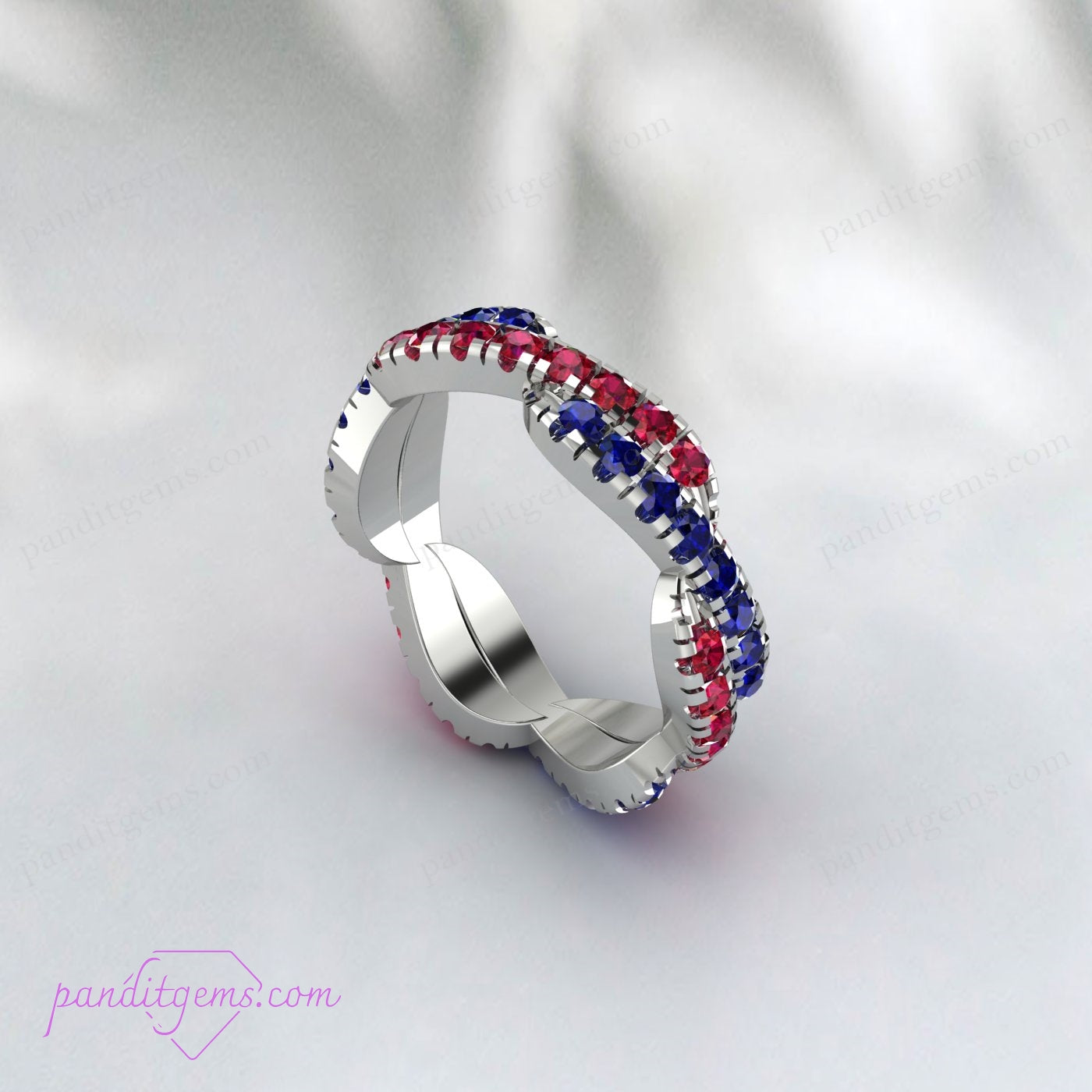 Sterling Silver Infinity Band with Blue Sapphire and Ruby, perfect for couples celebrating their birthstones.