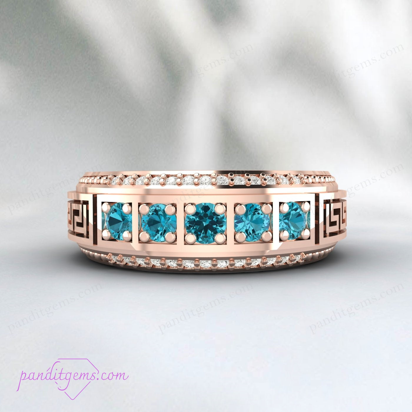 Close-up of Blue Topaz and Diamond Wedding Band with Filigree Details