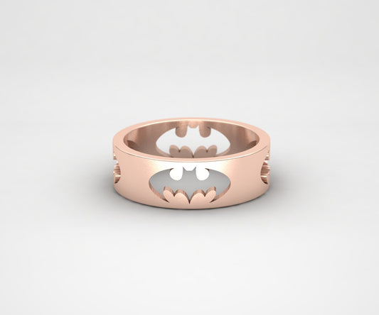 Sterling silver Batman-inspired Gothic ring with bat emblem for men and women, adjustable sizes.