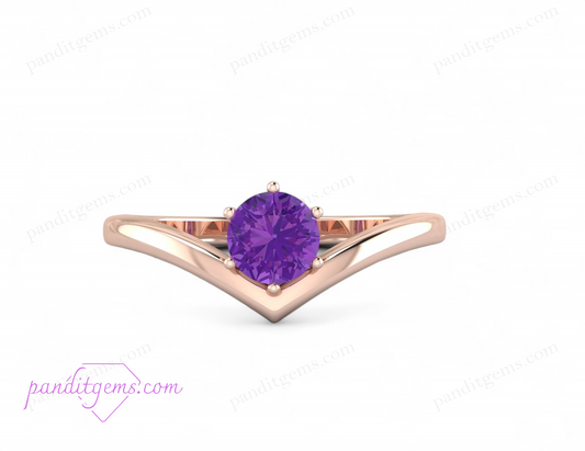Sterling silver V-shaped chevron ring with a round purple amethyst stone, designed for minimalist style and everyday wear.

