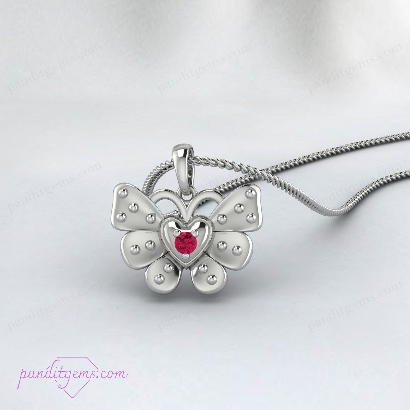 Sterling silver butterfly necklace with ruby, perfect for gifting.