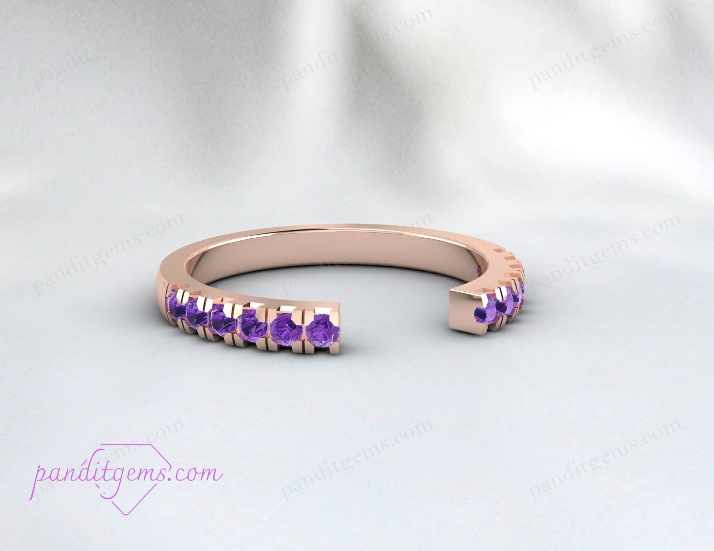Sterling silver open gap wedding band with purple amethyst and alexandrite gemstones.