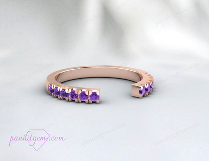Sterling silver open gap wedding band with purple amethyst and alexandrite gemstones.