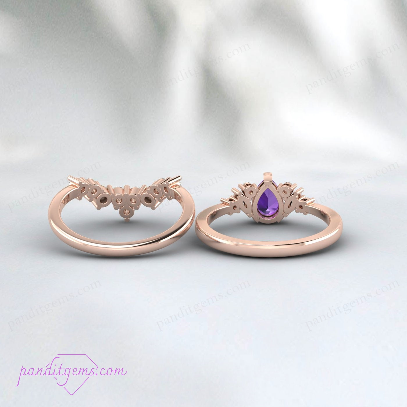 Sterling silver pear-shaped amethyst ring with a matching pearl and diamond accent band.