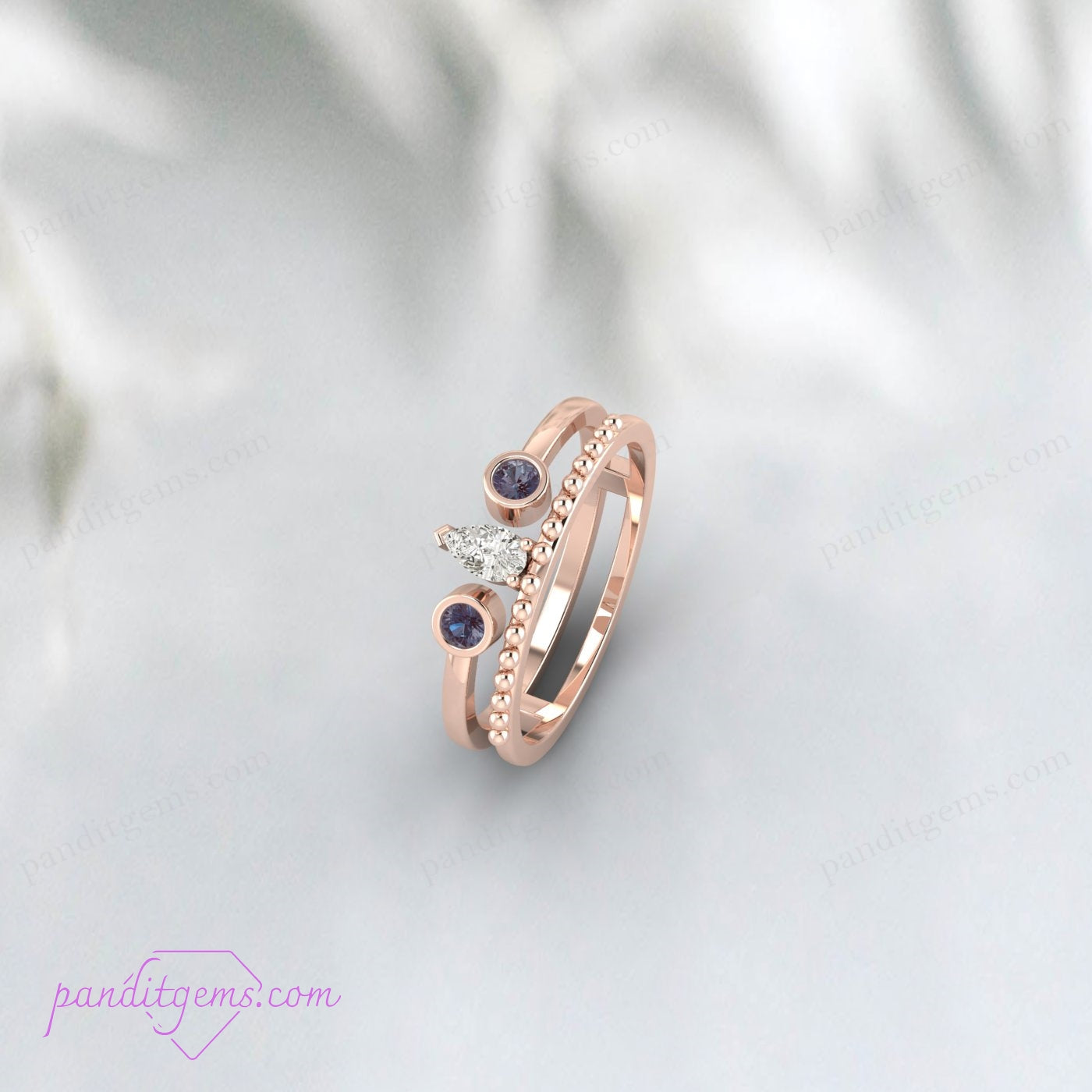 Unique Alexandrite Open Band Ring Enhancer with Pear-Cut Diamond Accent.