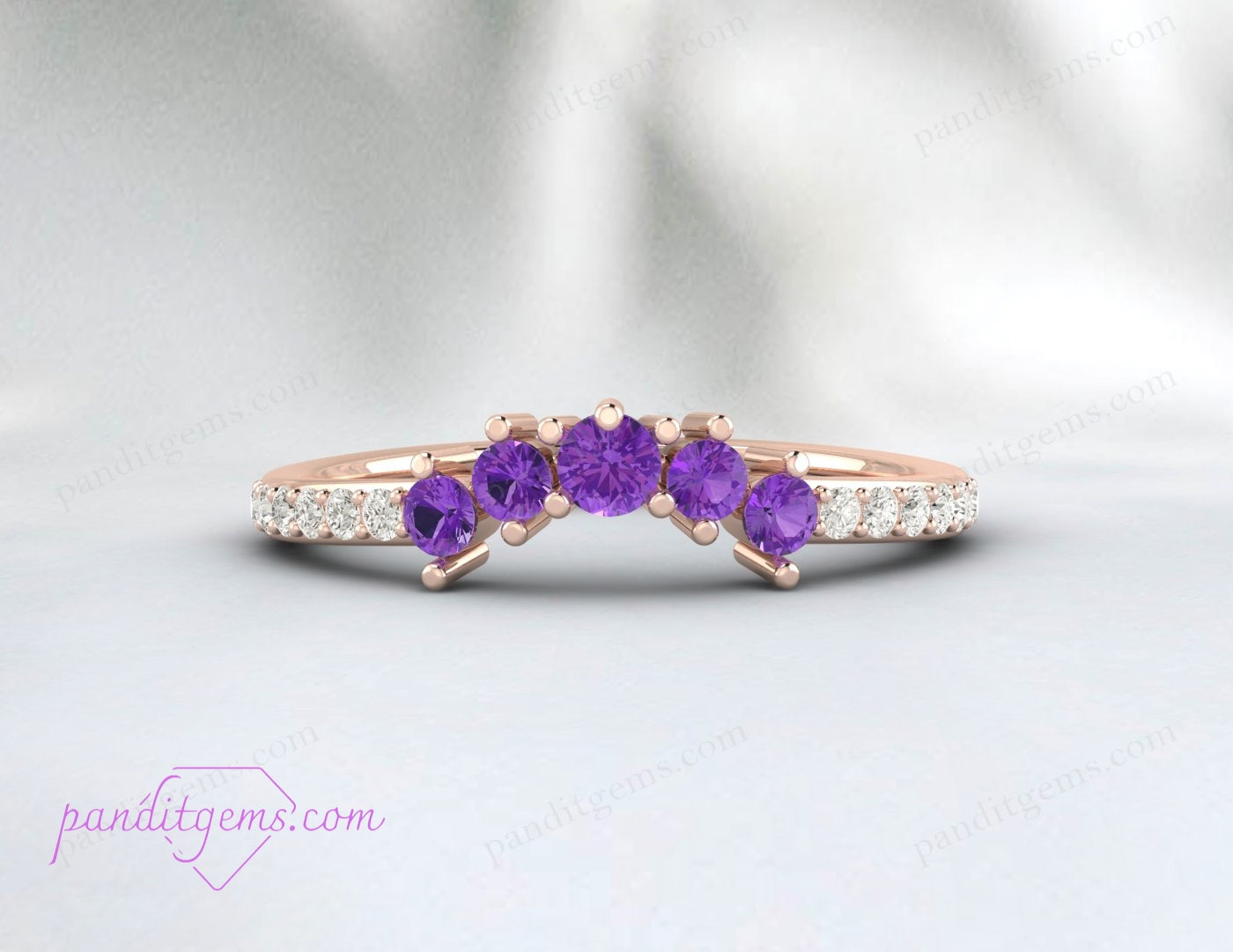 Unique Amethyst Wedding Band with Chevron Matching Band, on hand