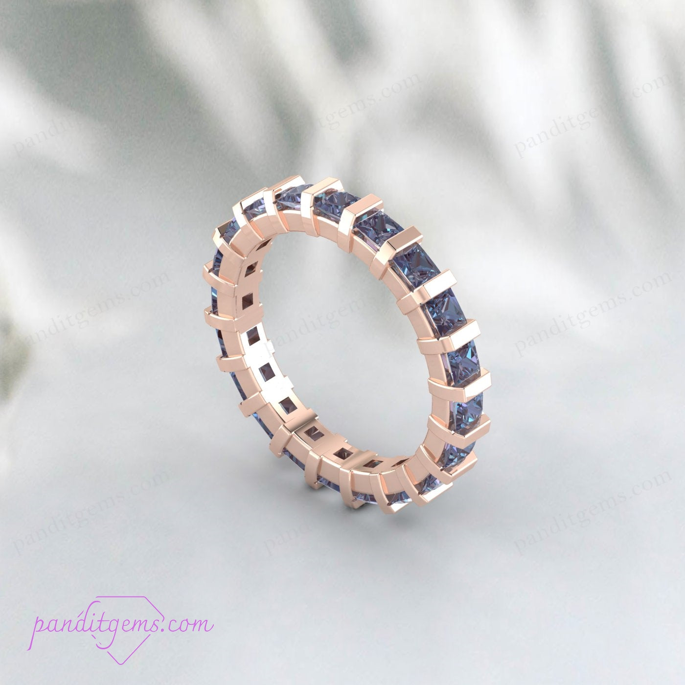 Unique Bridal Band with Color-Changing Alexandrite Stones