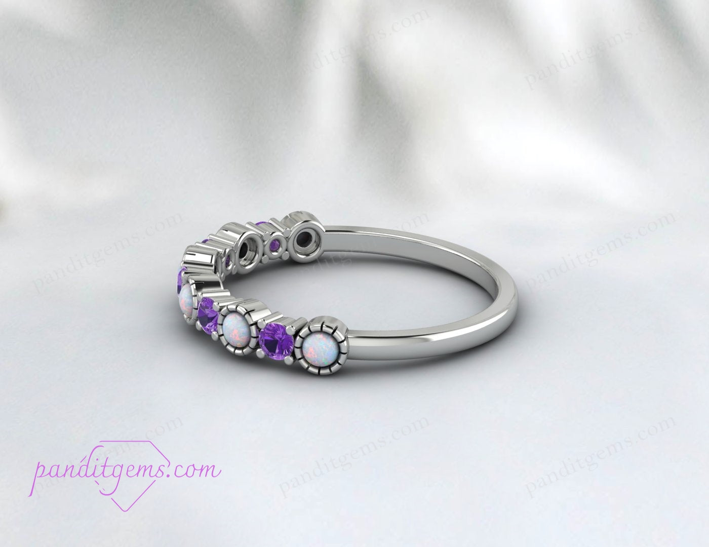 "Unique opal and amethyst wedding band for women, crafted from sterling silver with a vintage-inspired design."