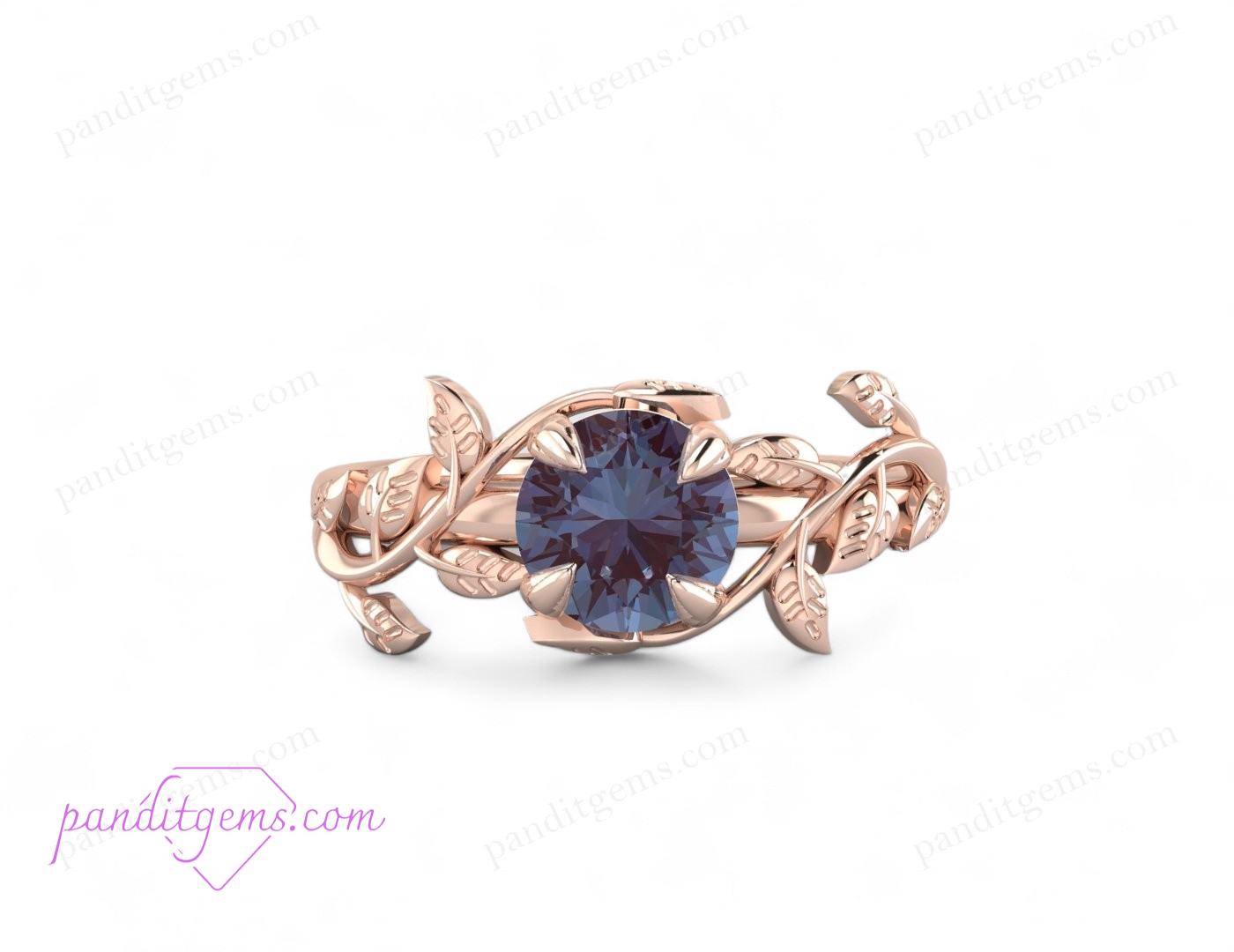 A round Alexandrite stone set in a vine leaf design with rose gold plating.