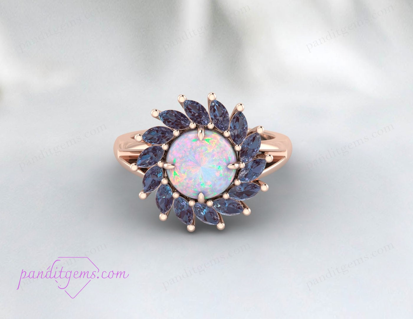 Vintage-style Alexandrite and Opal engagement ring with a radiant opal center stone and a halo of Alexandrite.
