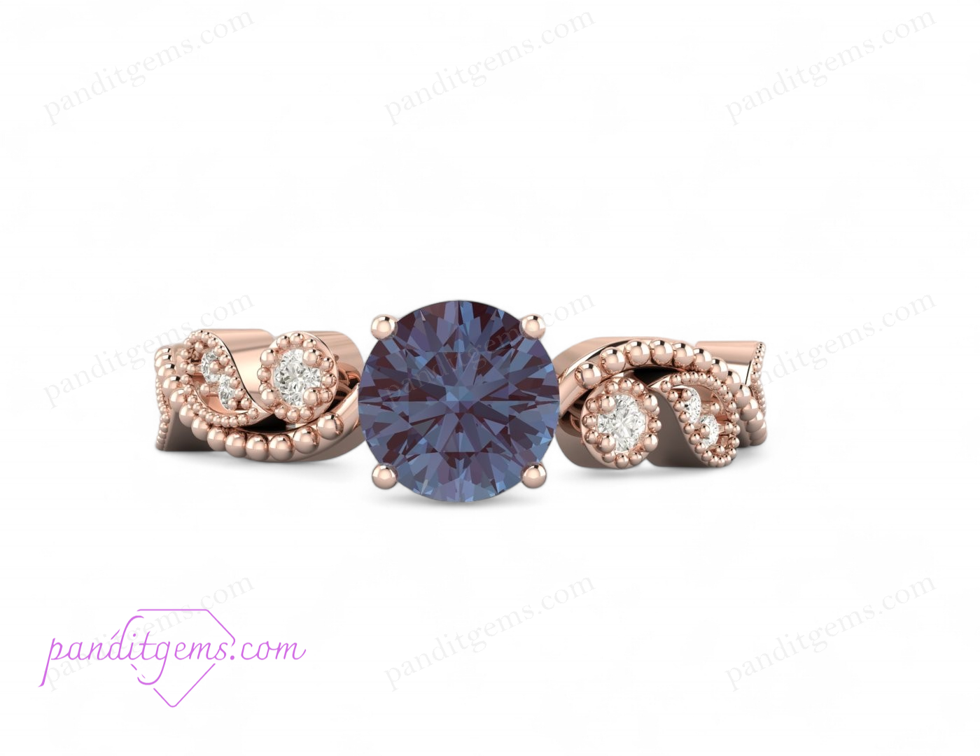 Vintage Alexandrite Leaf Engagement Ring with Color-Changing Gemstone
