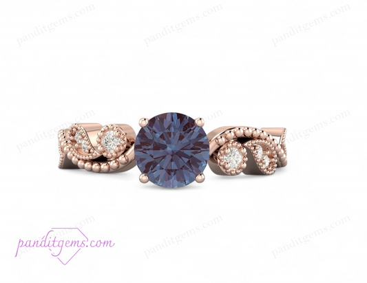 Vintage Alexandrite Leaf Engagement Ring with Color-Changing Gemstone