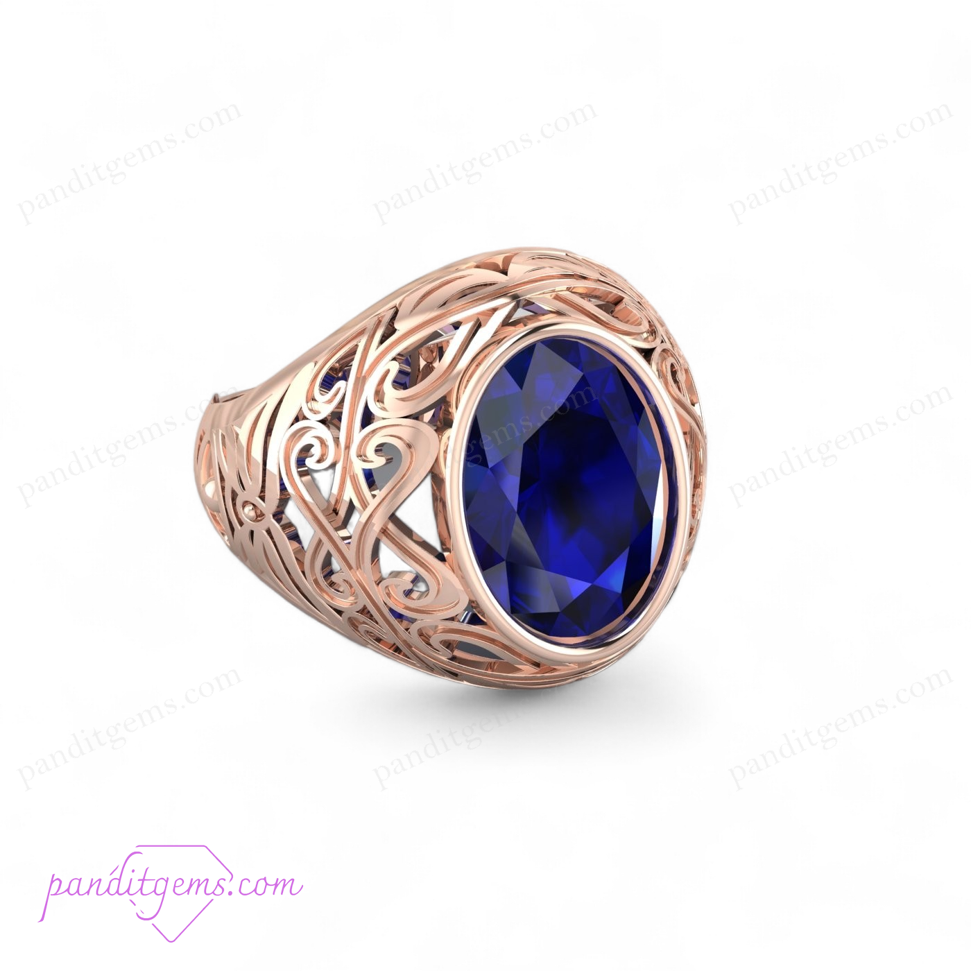 Vintage Ceylon Blue Sapphire Solitaire Ring in 925 Sterling Silver, showing an oval cut sapphire and intricate filigree band.