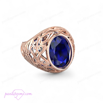 Vintage Ceylon Blue Sapphire Solitaire Ring in 925 Sterling Silver, showing an oval cut sapphire and intricate filigree band.