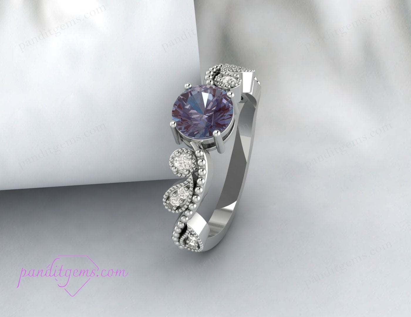 Vintage Style Alexandrite Ring with Delicate Leaf Motif