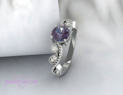 Vintage Style Alexandrite Ring with Delicate Leaf Motif