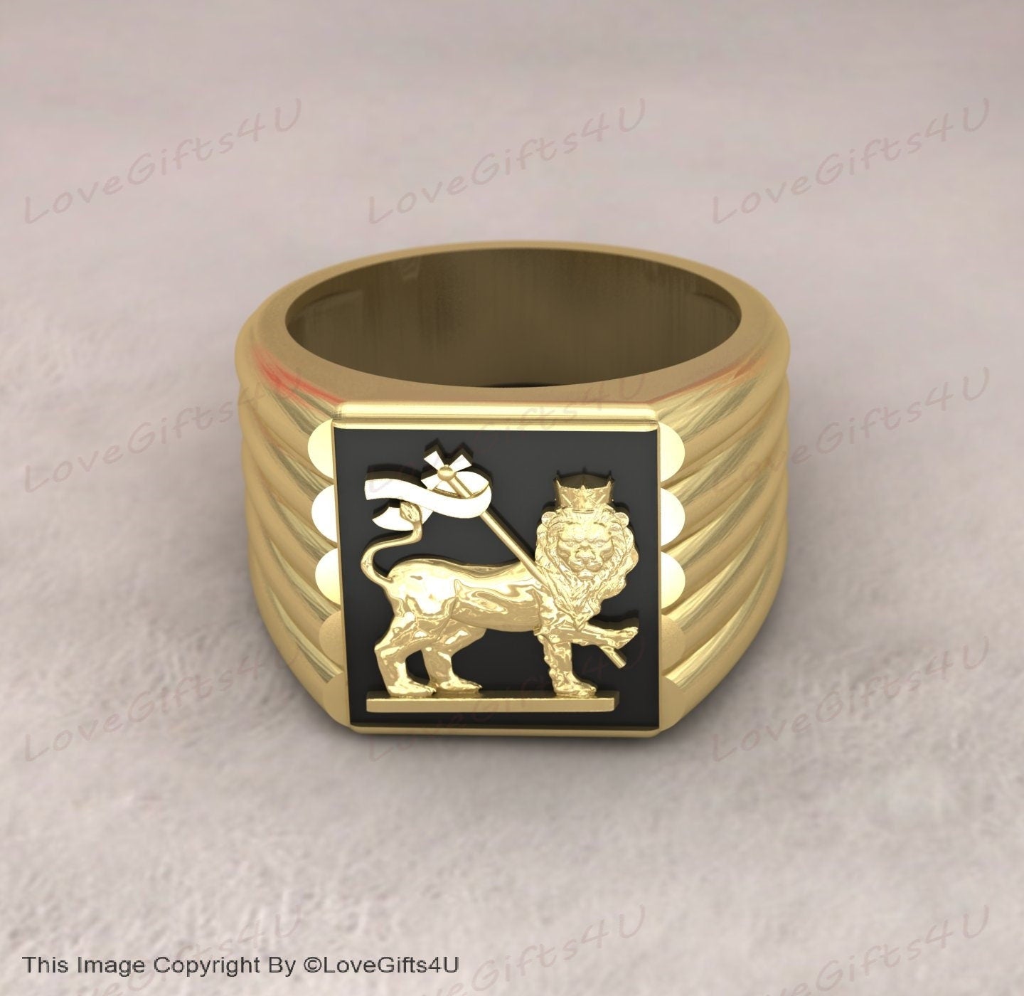 Handmade Lion of Judah Ring - 925 Sterling Silver or Gold Filled - Bob Marley Style, Ethiopian Empire Flag, Black Enamel Men's Signet Ring