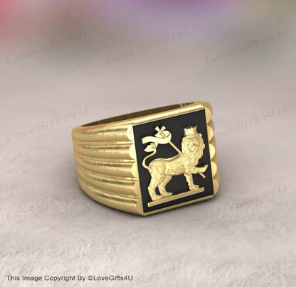 Bague Lion de Juda faite à la main - Argent sterling 925 ou rempli d’or - Style Bob Marley, Drapeau de l’Empire éthiopien, Chevalière pour hommes en émail noir