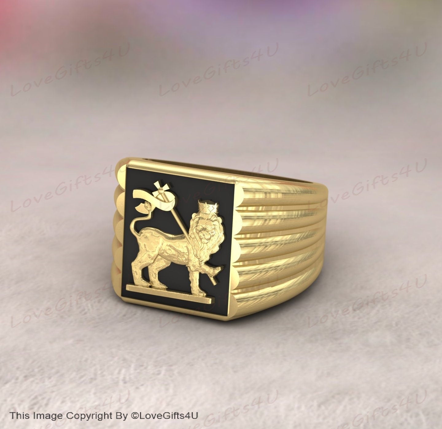 Handmade Lion of Judah Ring - 925 Sterling Silver or Gold Filled - Bob Marley Style, Ethiopian Empire Flag, Black Enamel Men's Signet Ring