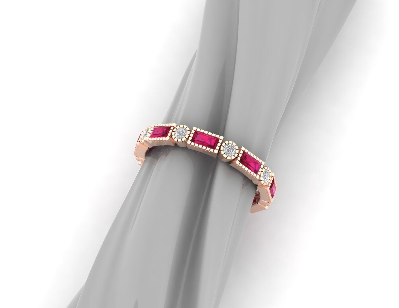 Sterling silver eternity band featuring lab-created rubies and simulated diamonds, ideal for stacking.