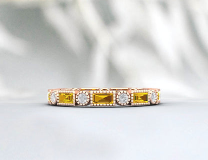 Bague de mariage baguette citrine, diamant Cz, bande d'éternité, bande empilable