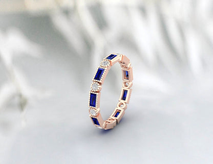 Bague de mariage en saphir bleu, bague d'empilage Vintage pleine éternité