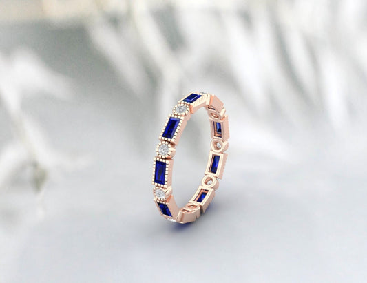 Blue Sapphire Wedding Band Vintage Full Eternity Band Stacking Ring