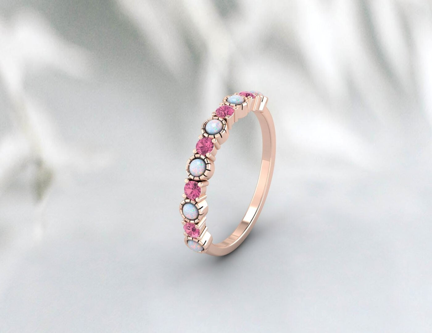 Opal And Pink Tourmaline Wedding Band October Birthstone Ring Gift