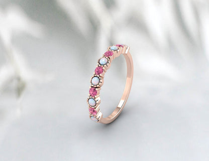 Alliance opale et tourmaline rose, bague avec pierre de naissance d'octobre, cadeau