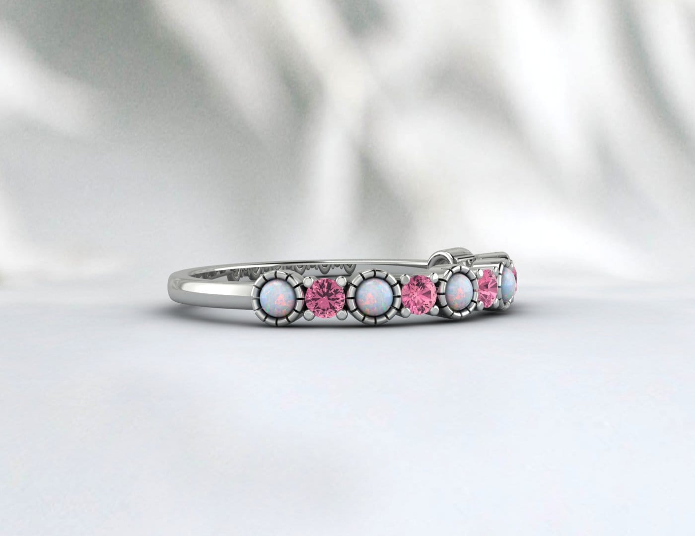 Alliance opale et tourmaline rose, bague avec pierre de naissance d'octobre, cadeau