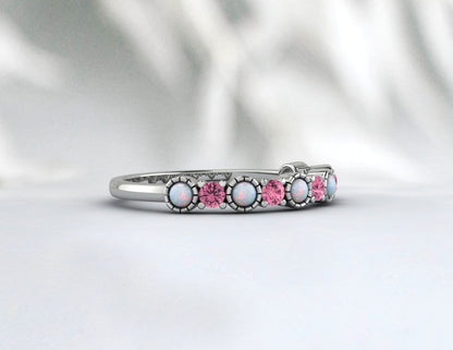 Opal And Pink Tourmaline Wedding Band October Birthstone Ring Gift