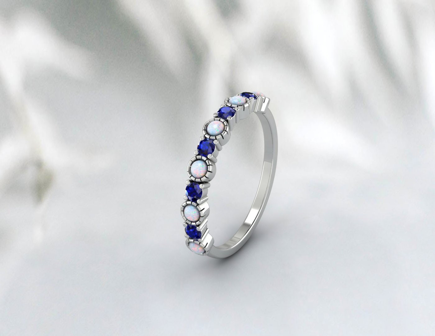 Opal Sapphire Ring, 14k Gold Opal Wedding Band, Minimalist Ring, Stacking Band, Opal Anniversary Ring, Gift for Her, Opal Half Eternity Band